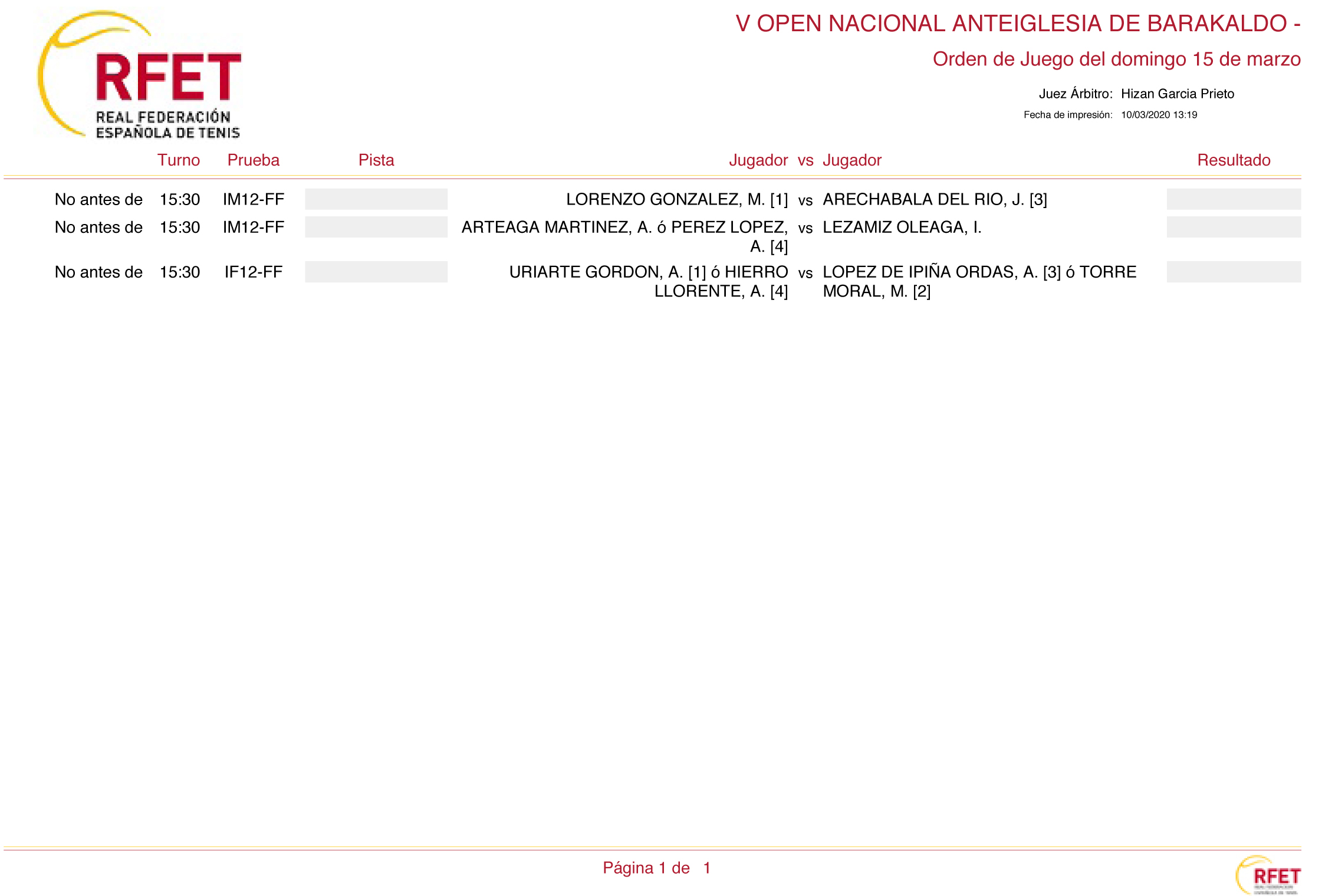 orden de juego del domingo 8 , del V Open Nacional Anteiglesia de Barakaldo