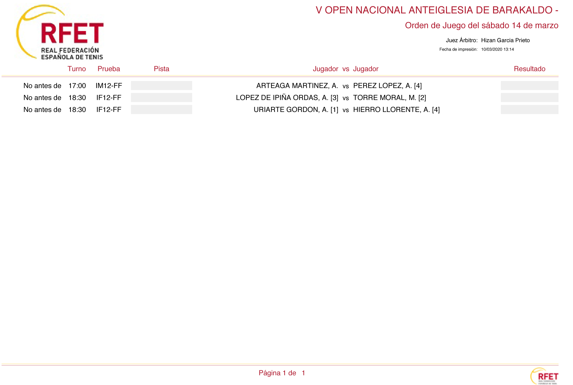 orden de juego del sábado 7  del V Open Nacional Anteiglesia de Barakaldo